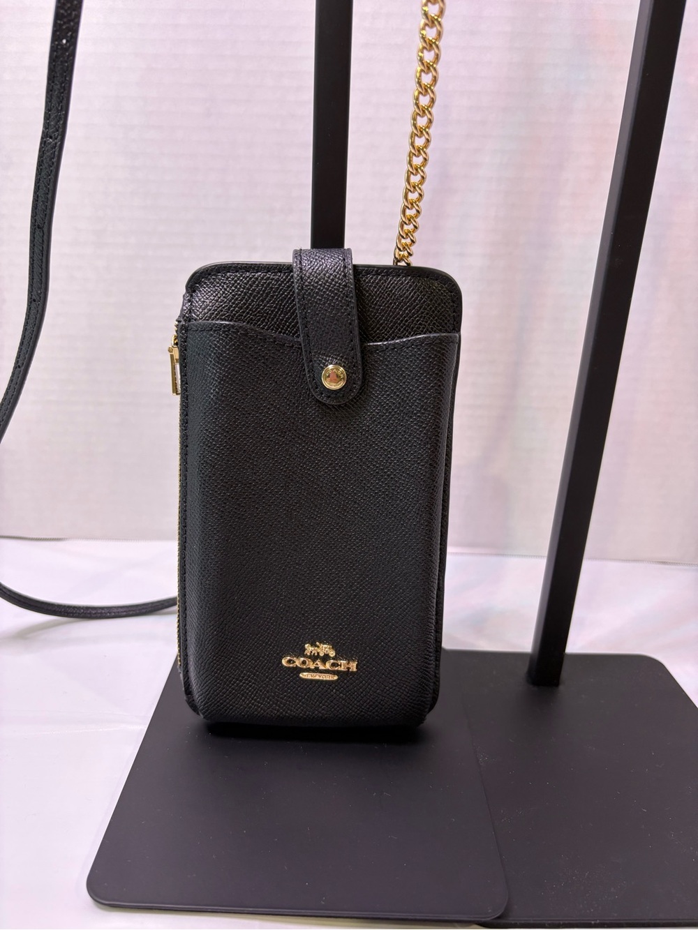 Coach Black Leather Crossbody Phone Pouch with Gold Hardware